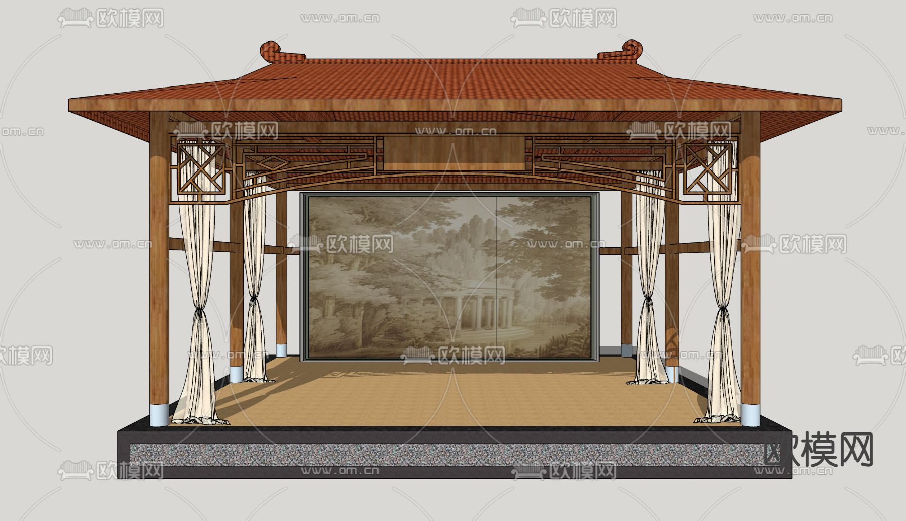 中式乡村戏台 村庄舞台su模型下载（渲染图2）