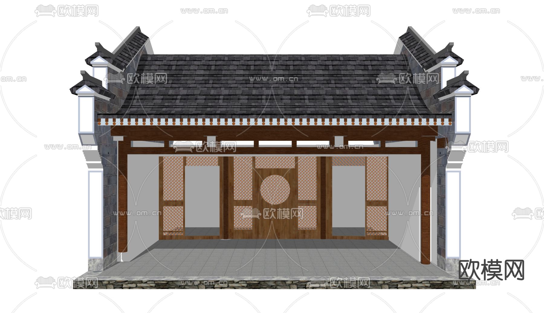 徽派乡村戏台 村庄舞台su模型下载（渲染图2）