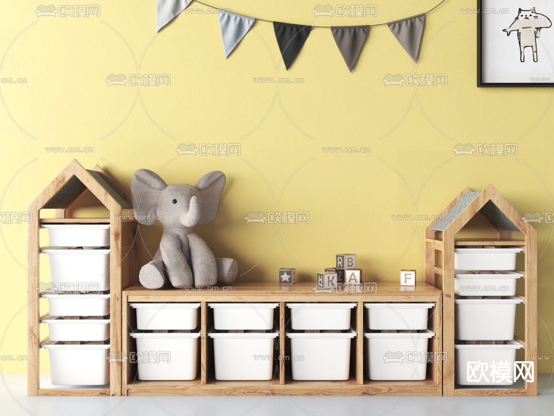 现代储物柜 儿童收纳柜su模型下载（渲染图2）