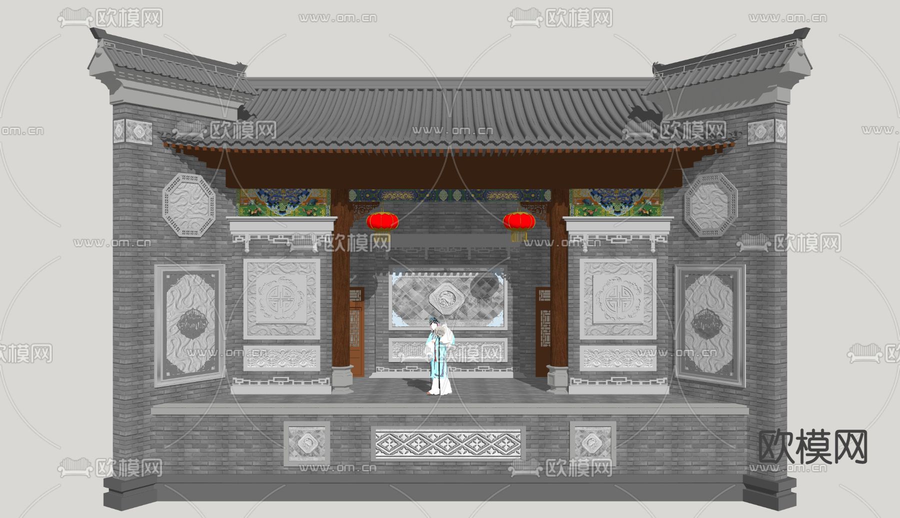 徽派乡村戏台 村庄舞台su模型下载（渲染图2）