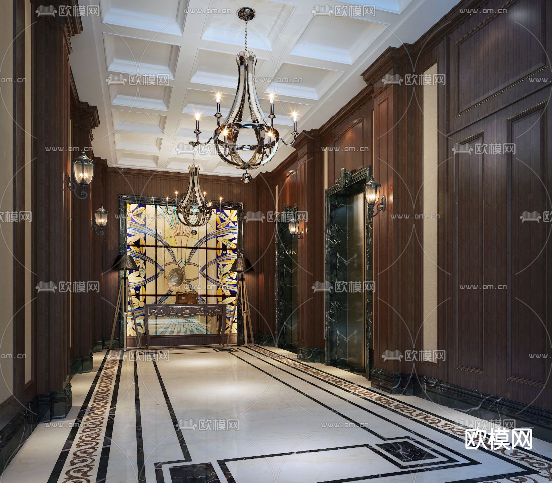 简欧会所电梯厅3d模型下载