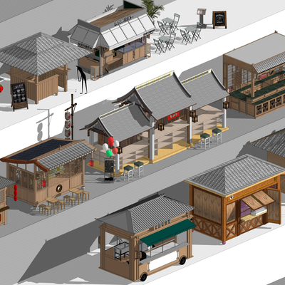  中式售货摊 售货亭 小吃摊su模型 