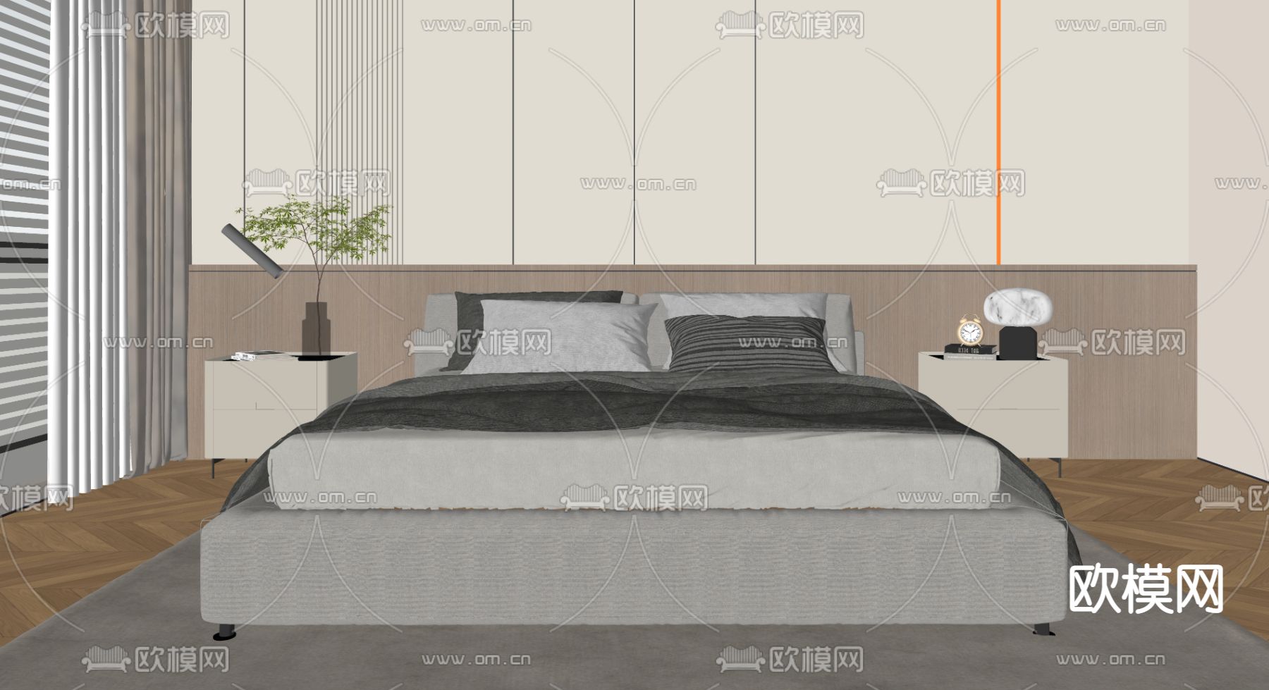现代双人床su模型下载（渲染图2）