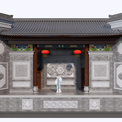  徽派乡村戏台 村庄舞台su模型 