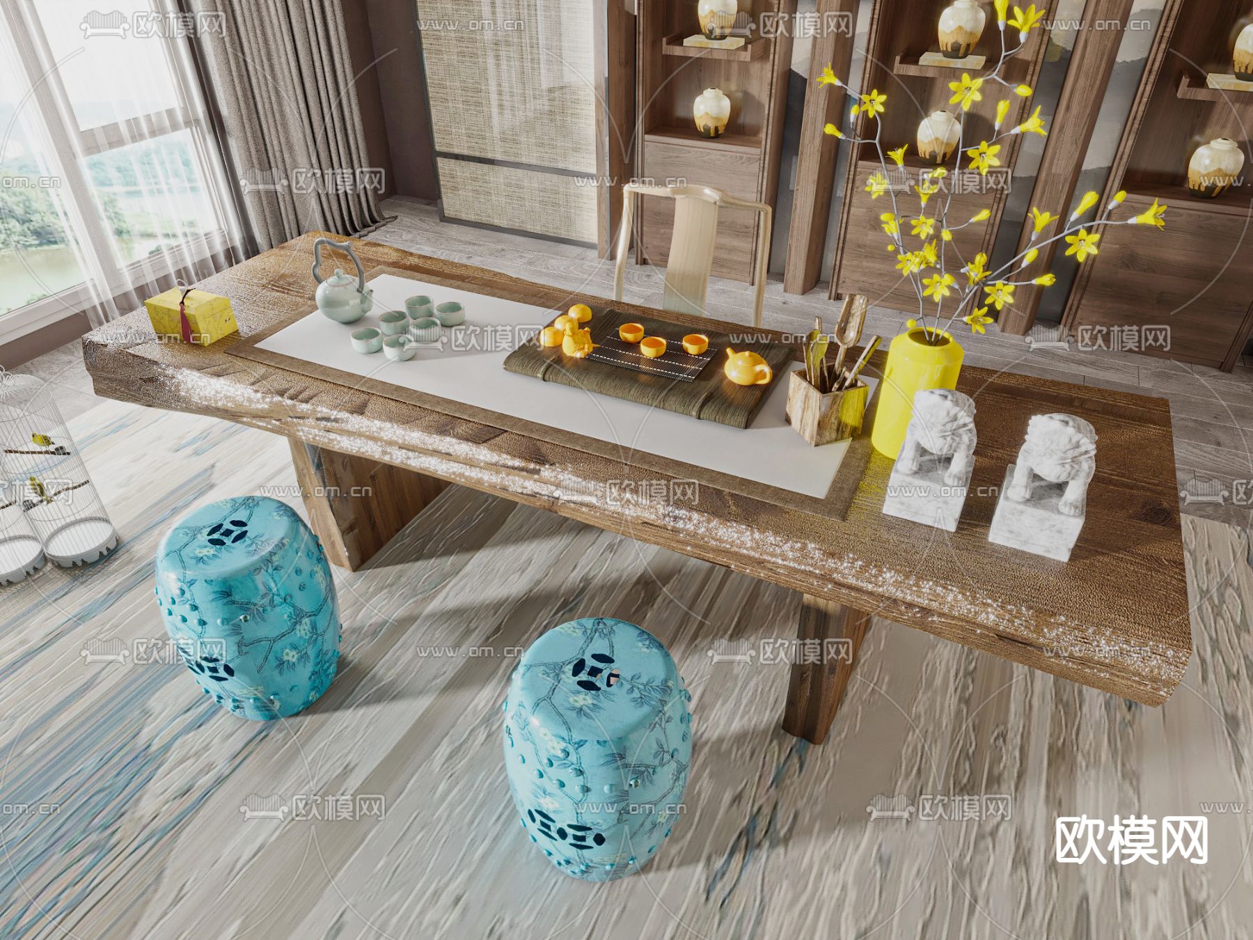 新中式茶桌椅3d模型下载