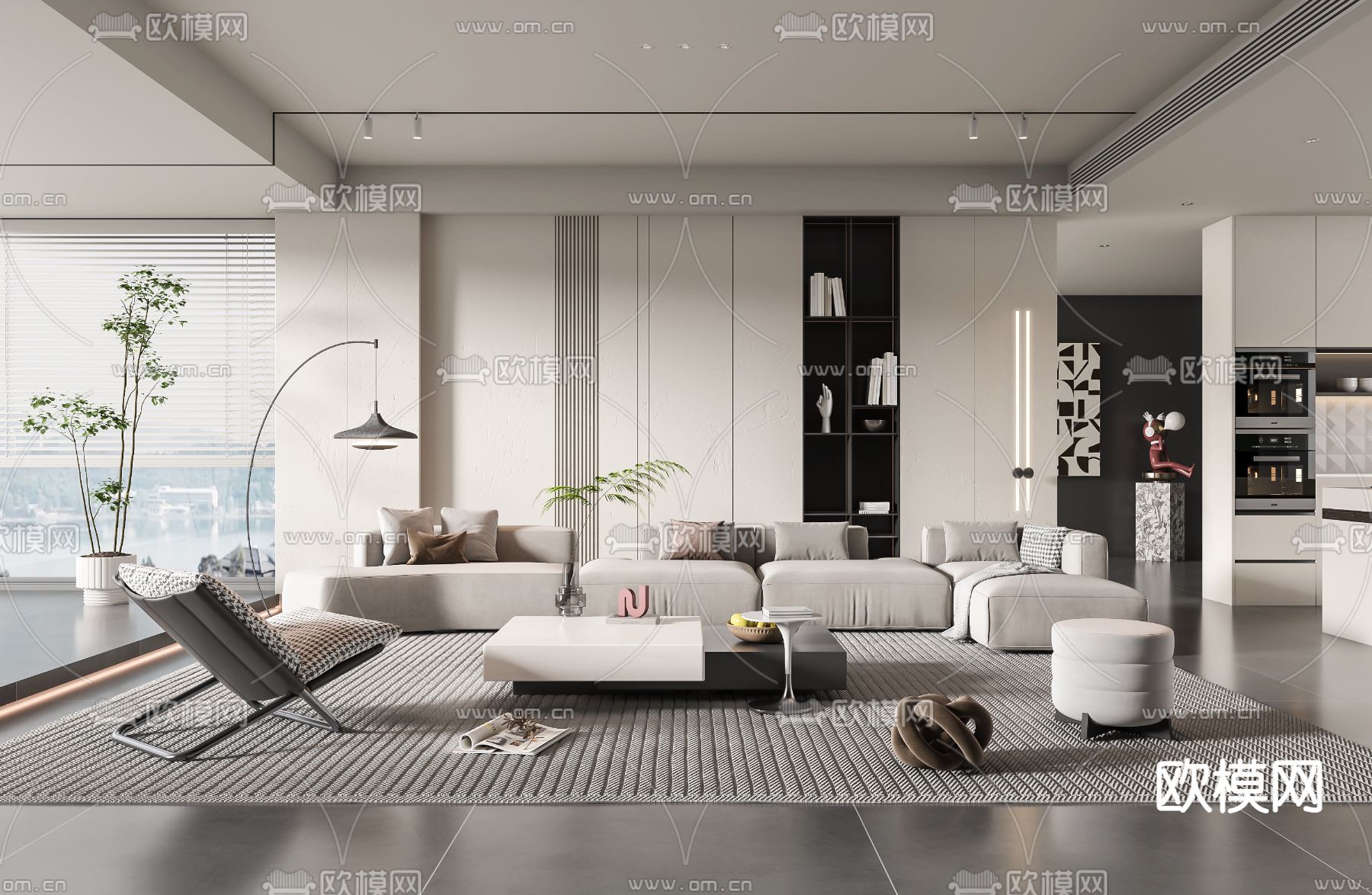奶油风客厅3d模型下载_ID12307132_3dmax免费模型-欧模网