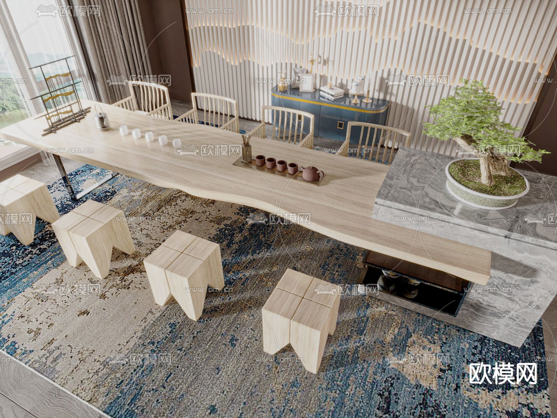 新中式茶桌椅3d模型下载