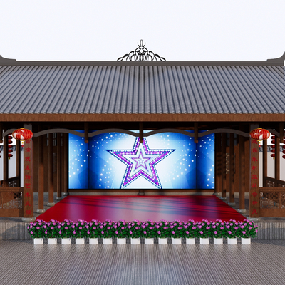 中式乡村戏台 村庄舞台su模型 