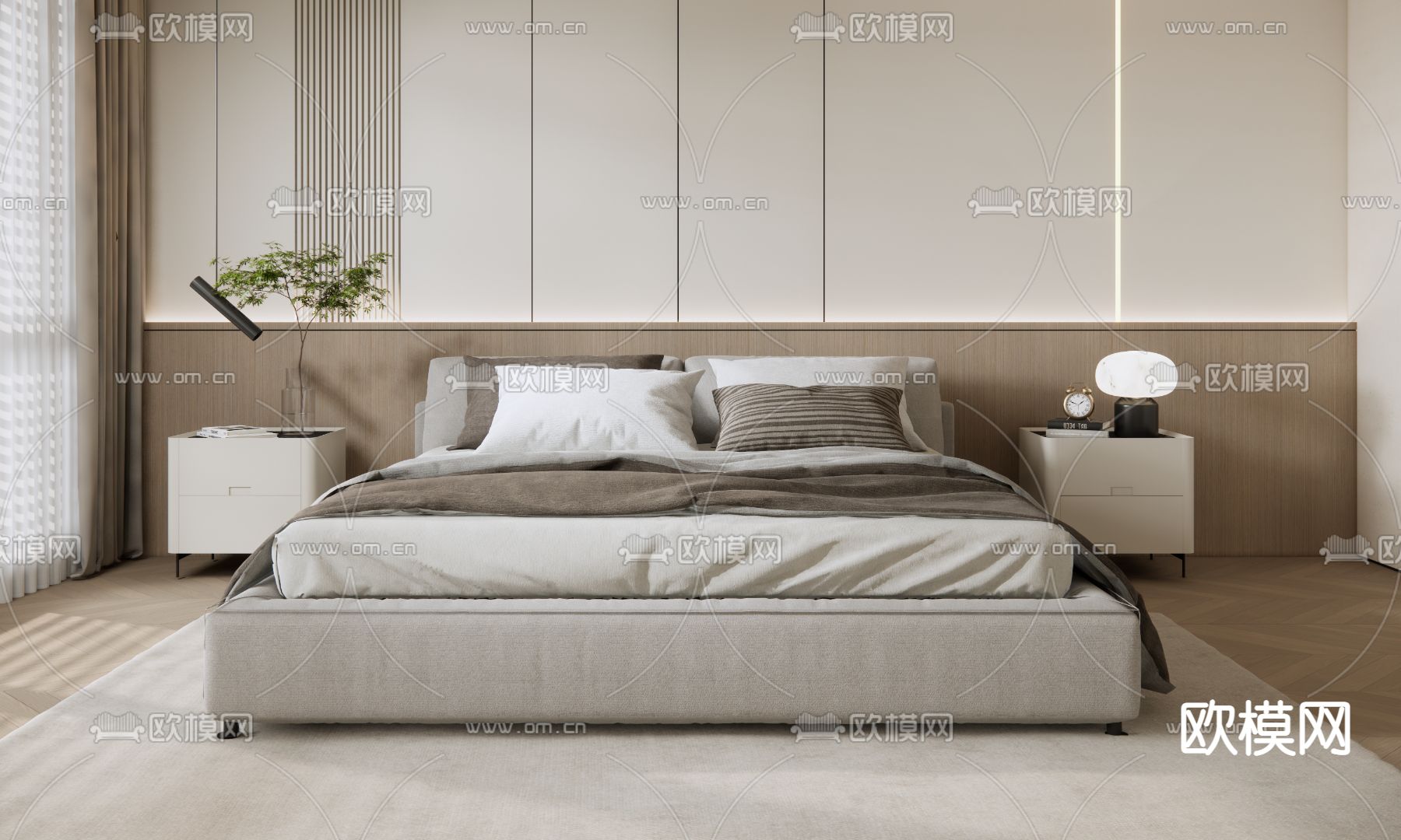 现代双人床su模型下载（渲染图1）