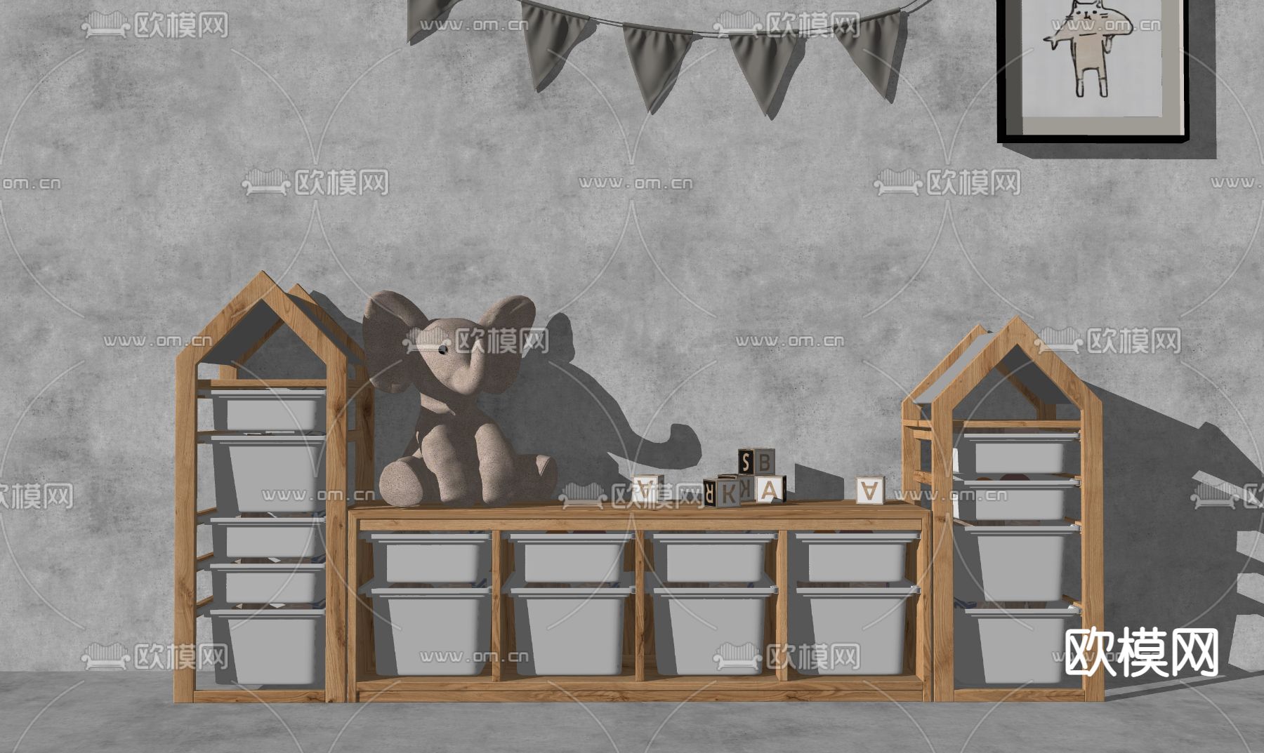 现代储物柜 儿童收纳柜su模型下载（渲染图1）