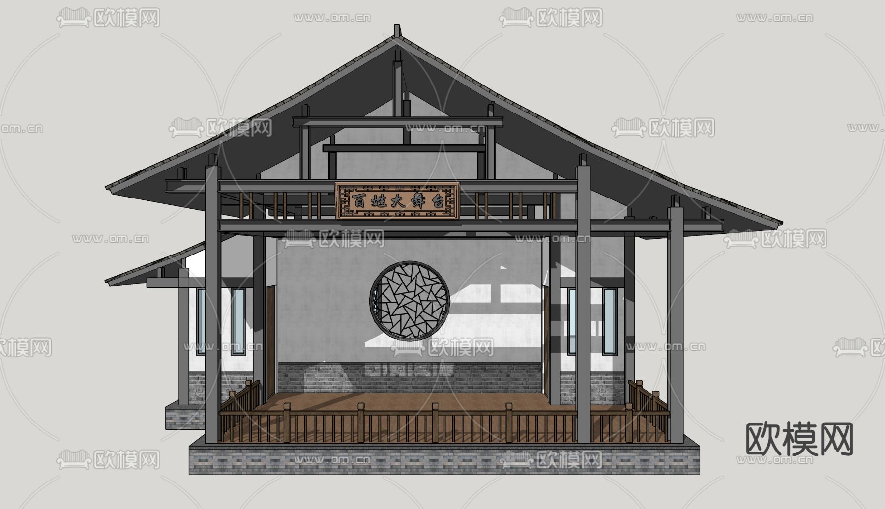 中式乡村戏台 村庄舞台su模型下载（渲染图2）