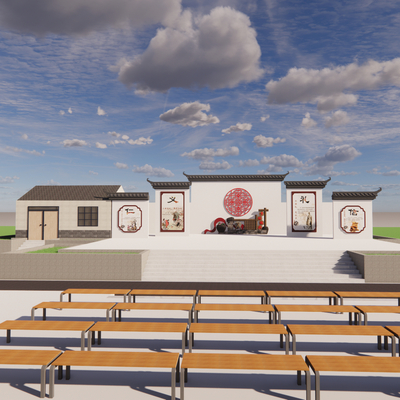  中式乡村戏台 村庄舞台su模型 