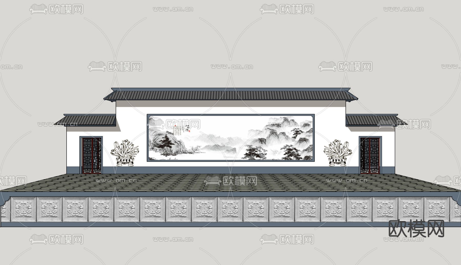 中式乡村戏台 村庄舞台su模型下载（渲染图1）