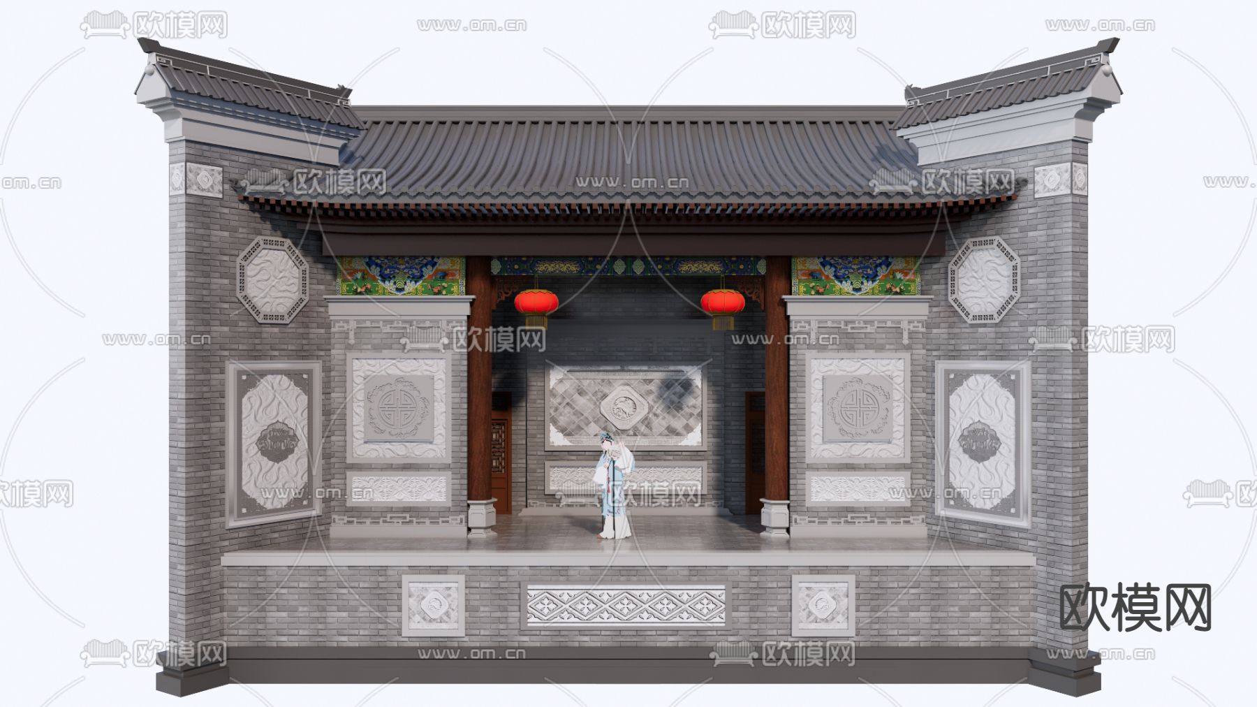 徽派乡村戏台 村庄舞台su模型下载（渲染图1）