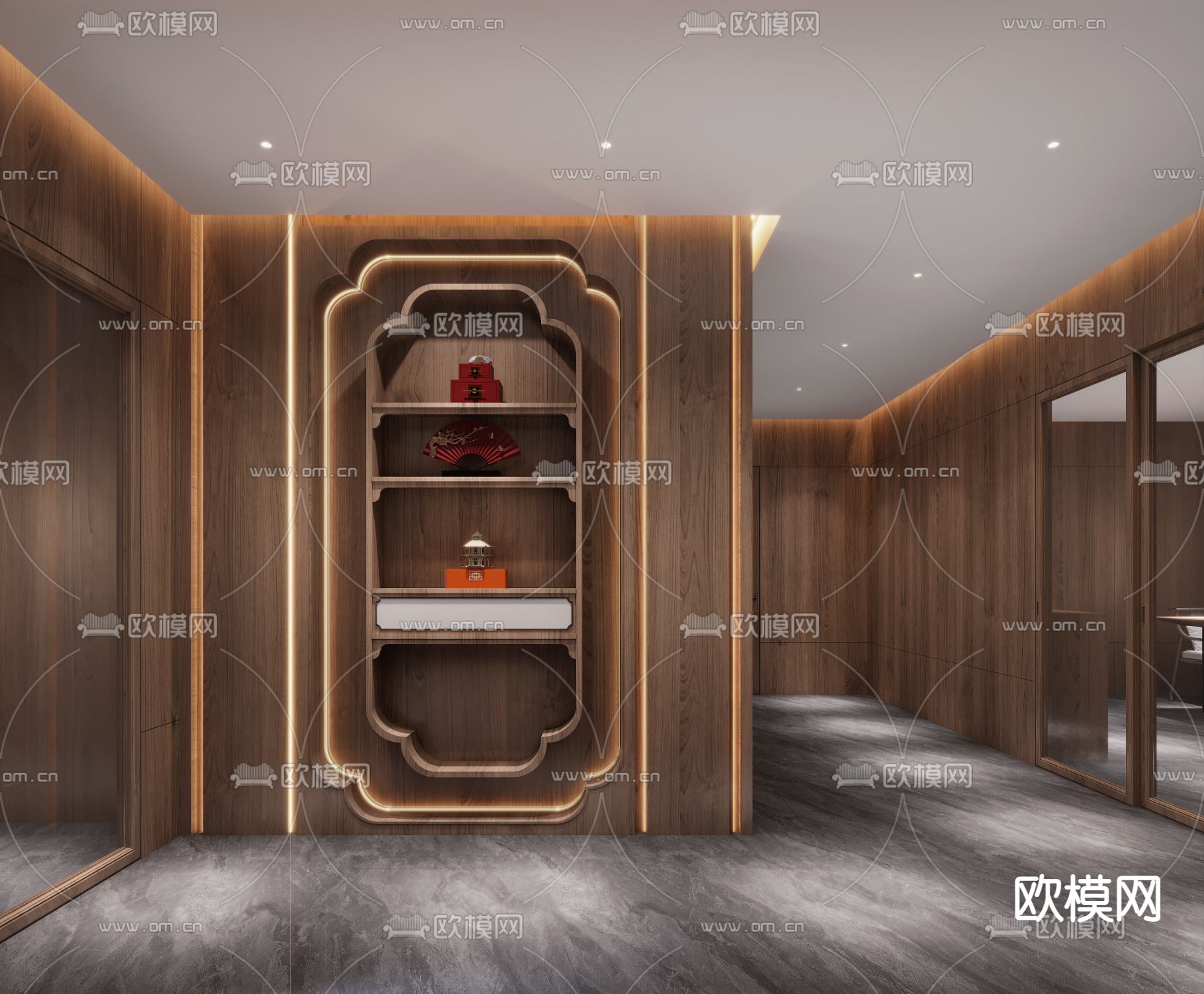 新中式办公室走廊 过道3d模型下载（渲染图2）