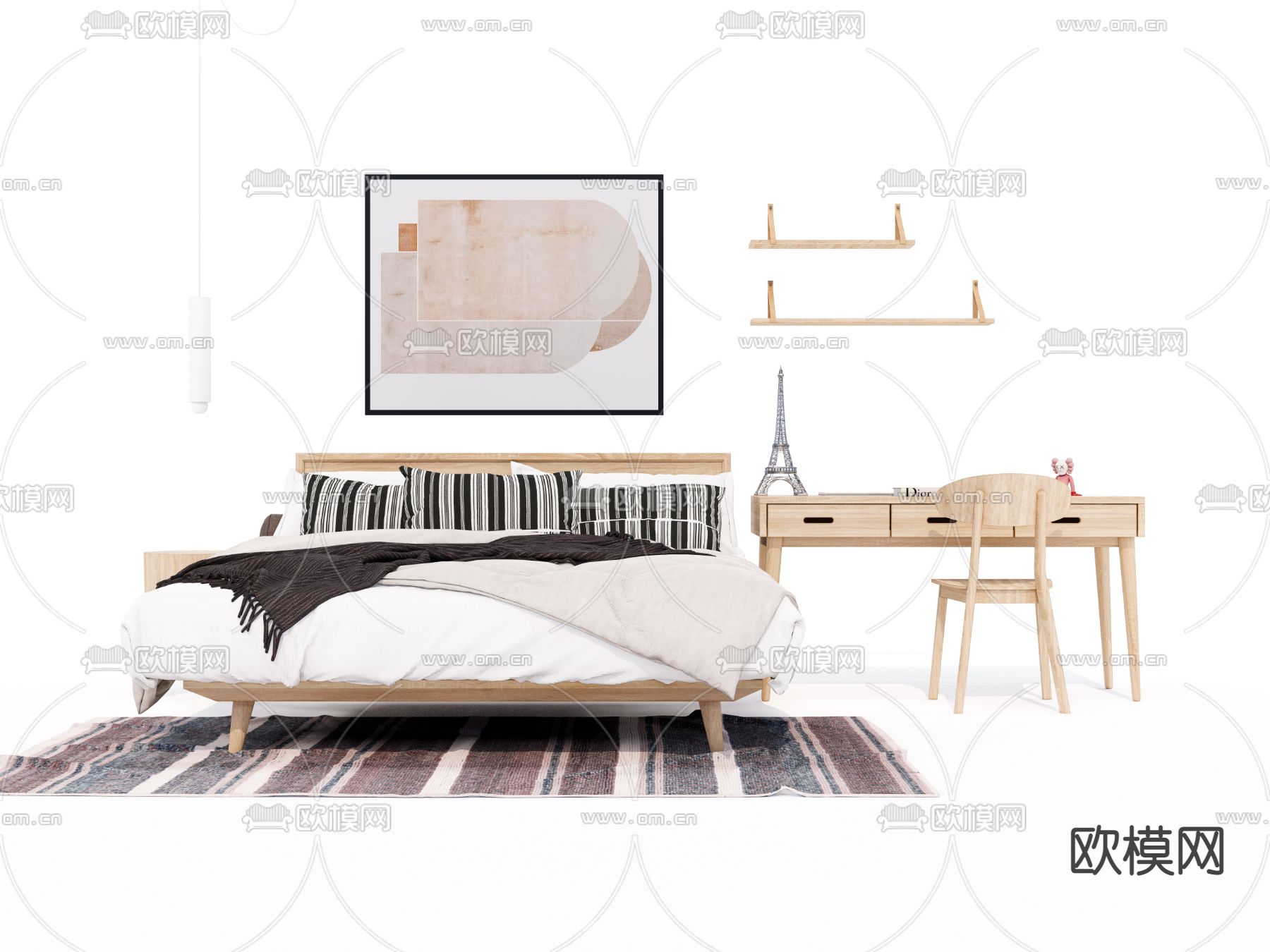 北欧实木双人床su模型下载（渲染图3）