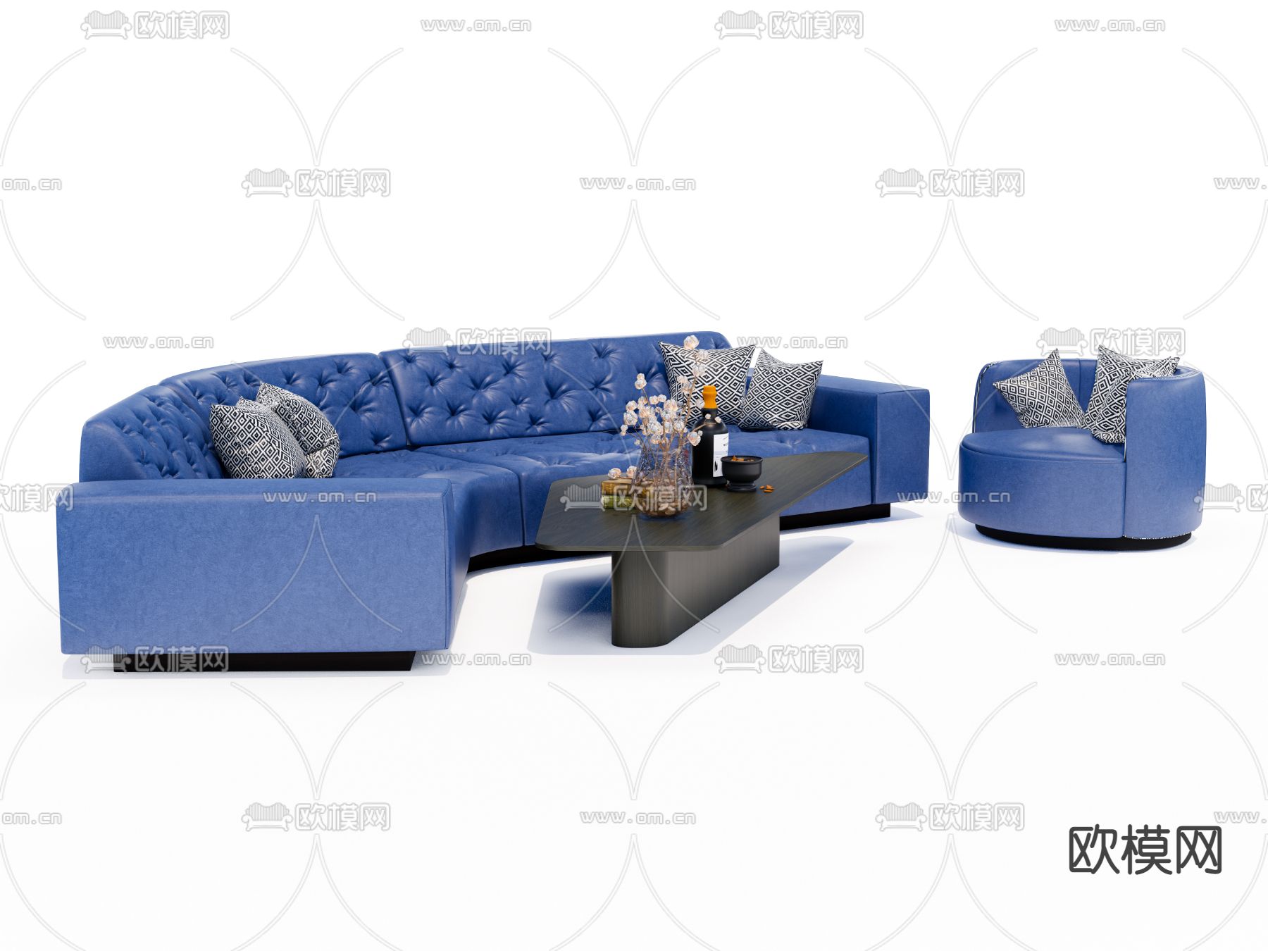 欧式皮革沙发茶几组合su模型下载（渲染图3）