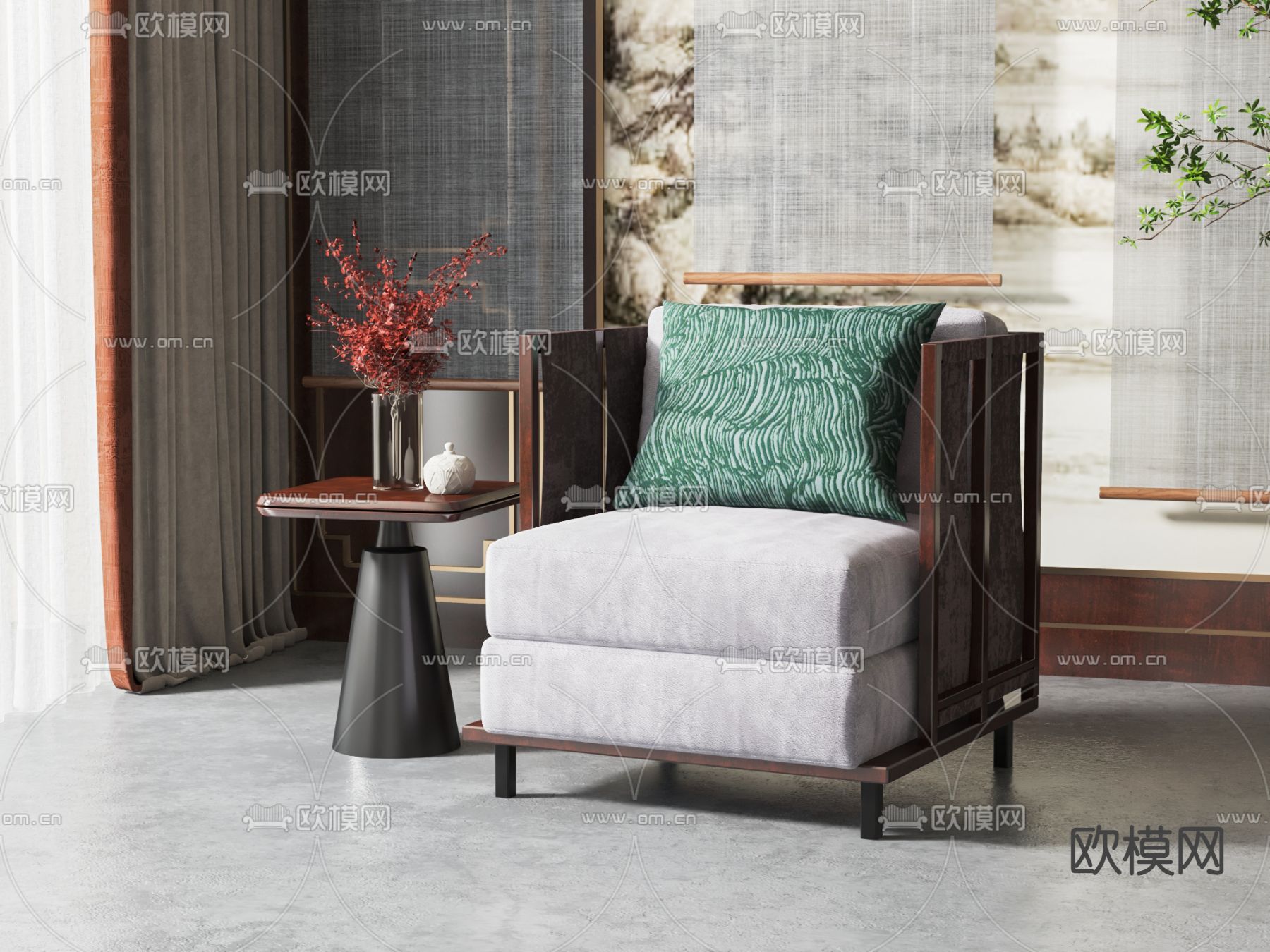 新中式单人沙发3d模型下载