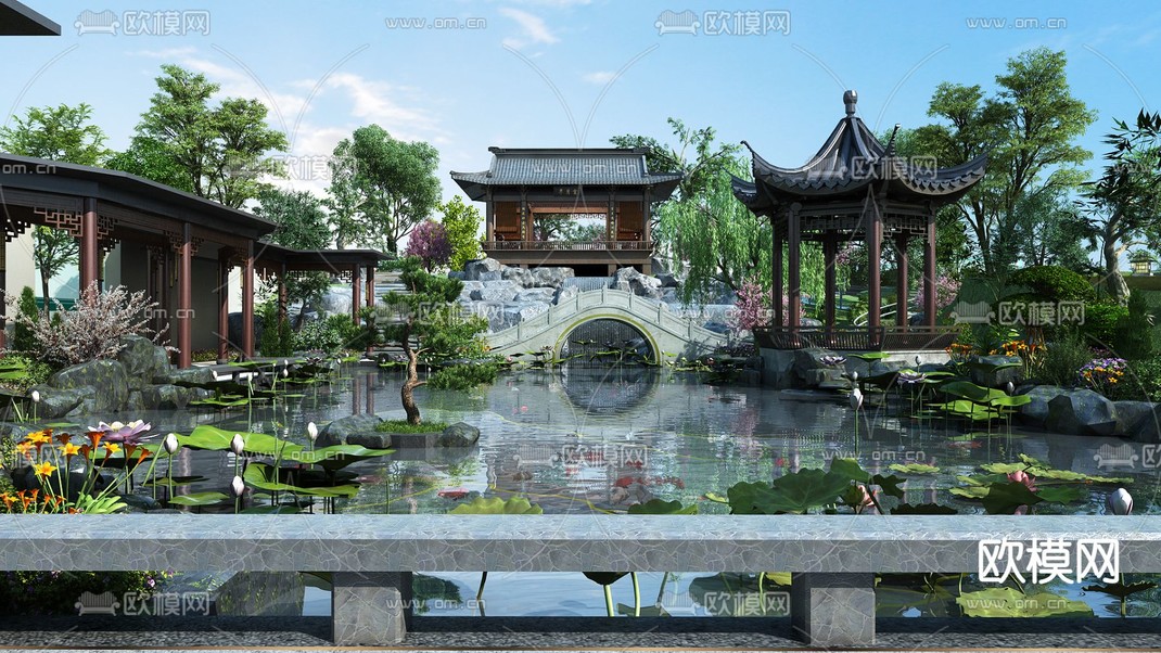 中式庭院水系景观3d模型下载_ID12306295_3dmax免费模型-欧模网
