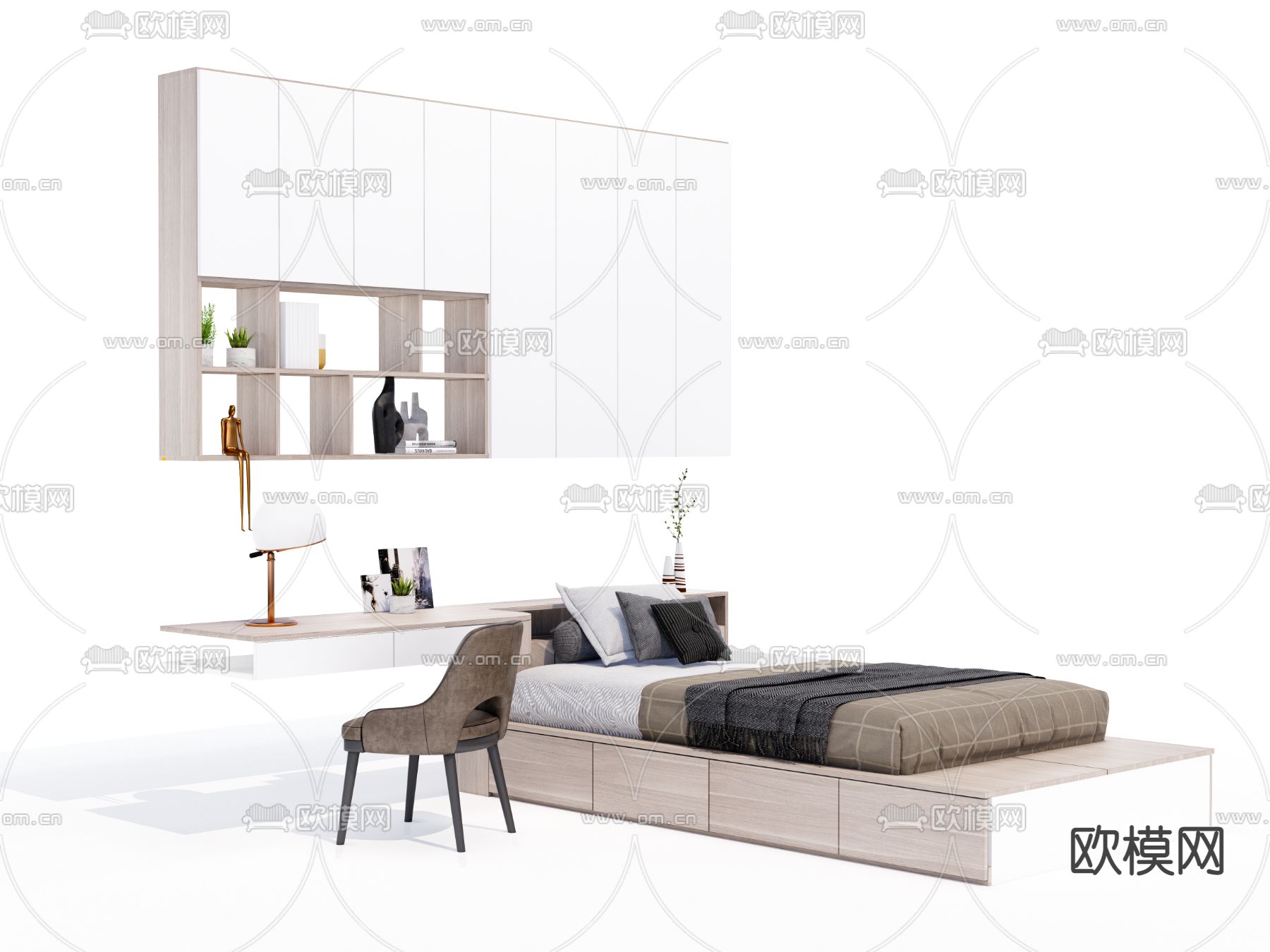 现代榻榻米单人床su模型下载（渲染图2）