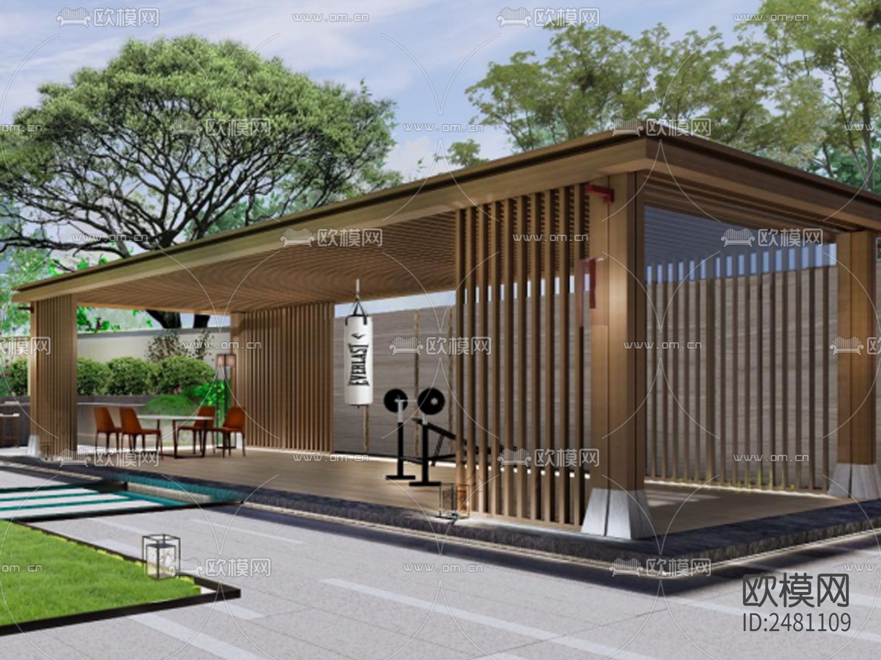 新中式四面钢化玻璃围合廊架CAD施工图下载（渲染图2）