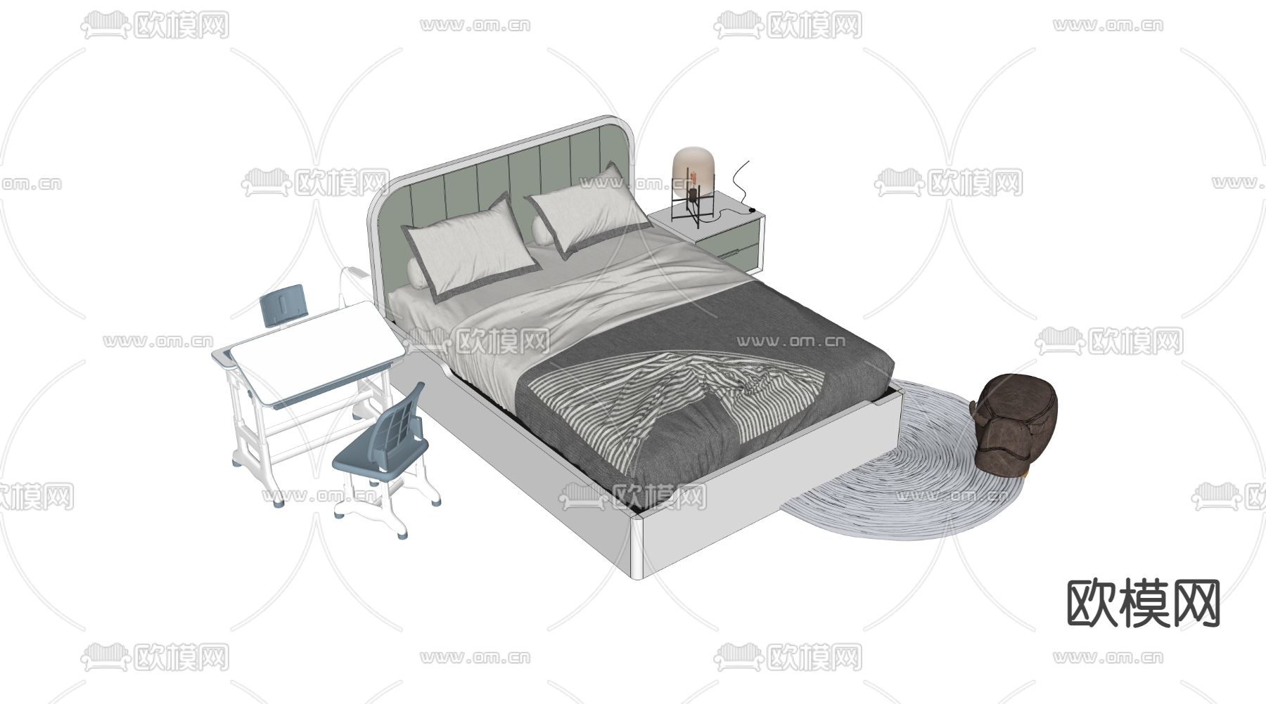 现代布艺双人床su模型下载（渲染图3）