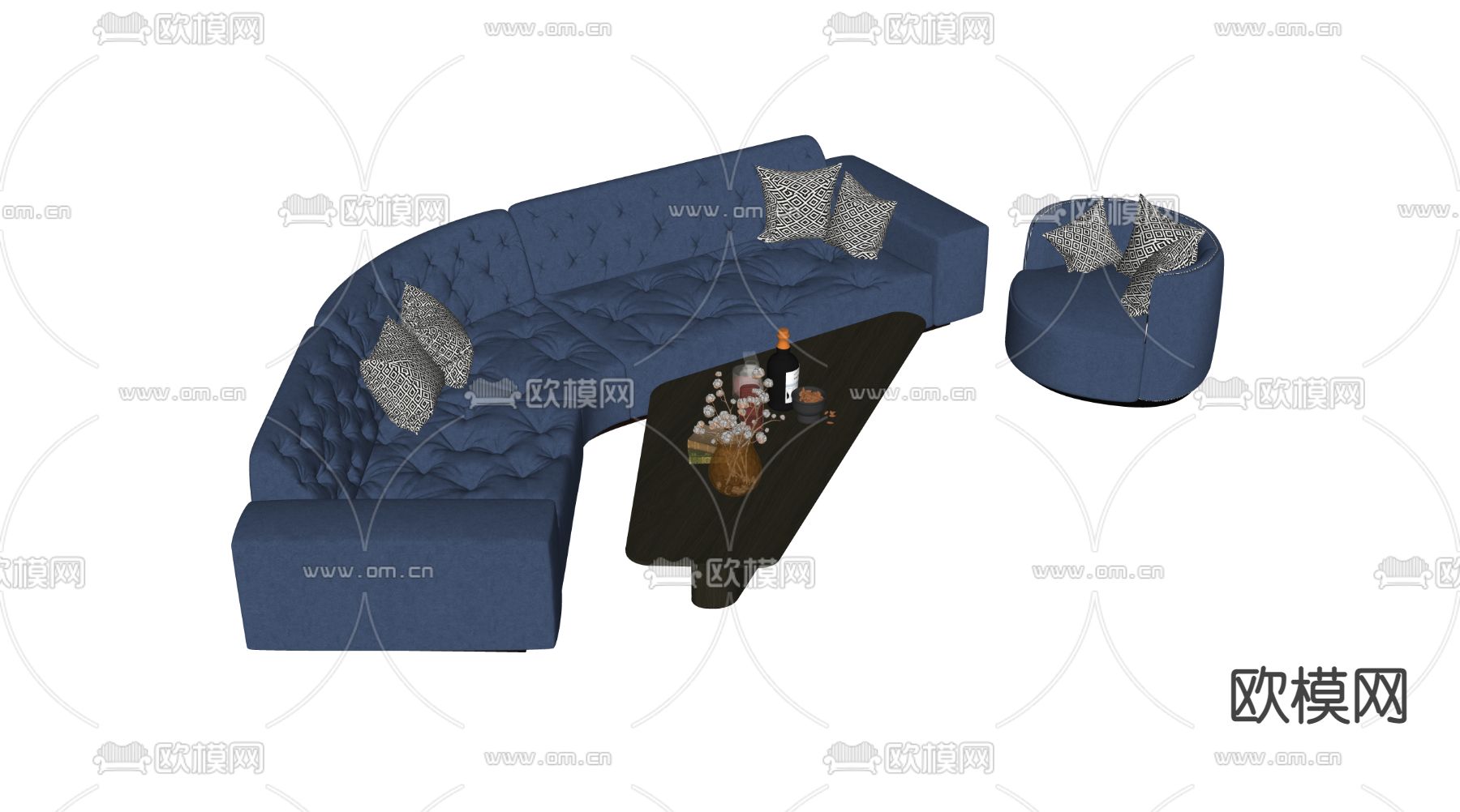 欧式皮革沙发茶几组合su模型下载（渲染图4）