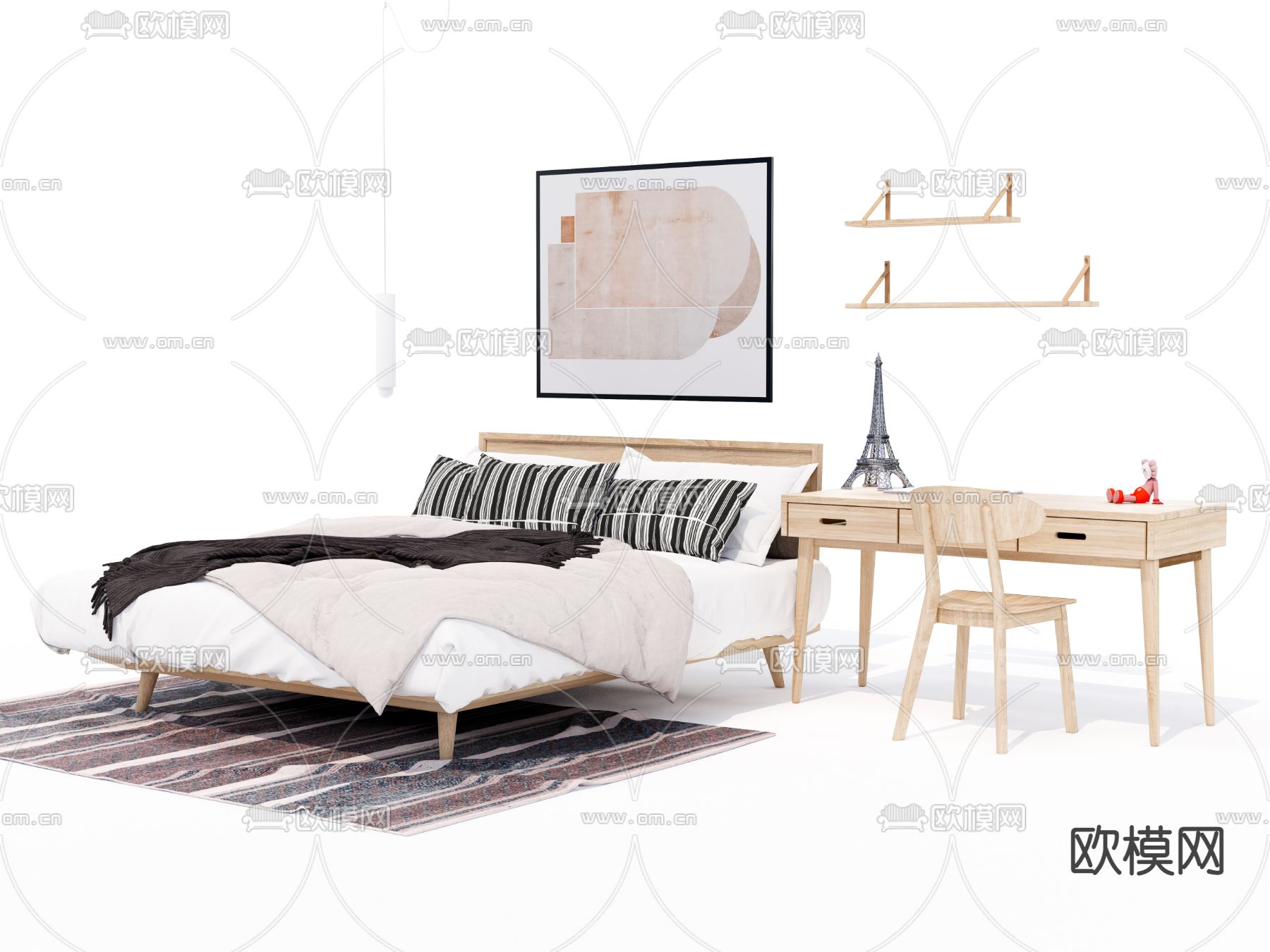 北欧实木双人床su模型下载（渲染图4）