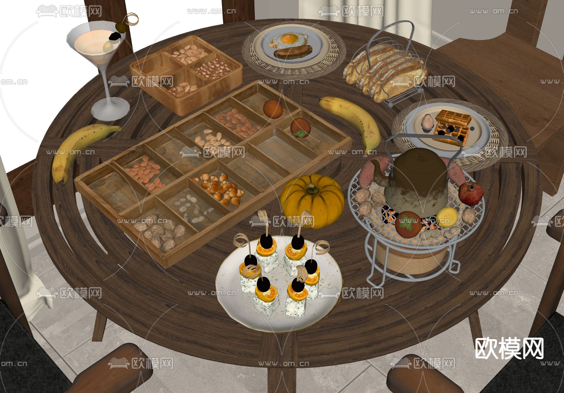 现代围炉煮茶 食物su模型下载（渲染图2）