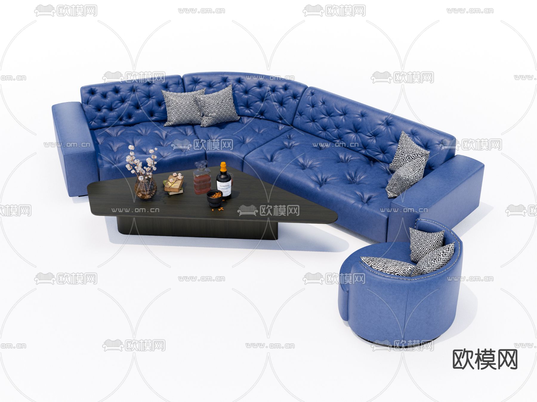 欧式皮革沙发茶几组合su模型下载（渲染图2）