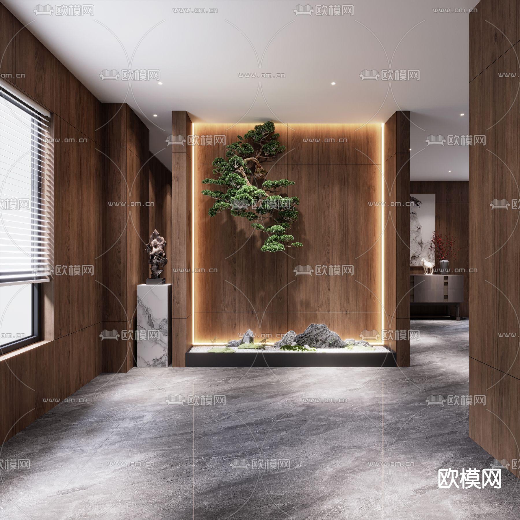 新中式办公室走廊 过道3d模型下载（渲染图1）