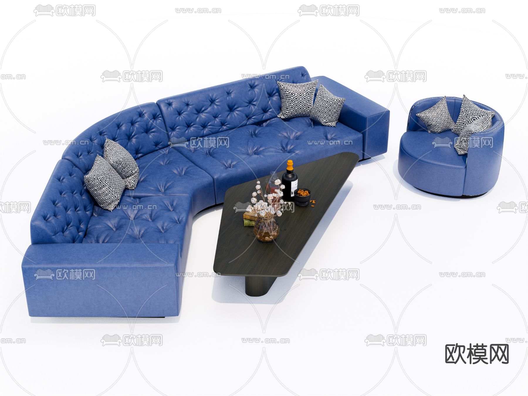 欧式皮革沙发茶几组合su模型下载（渲染图1）