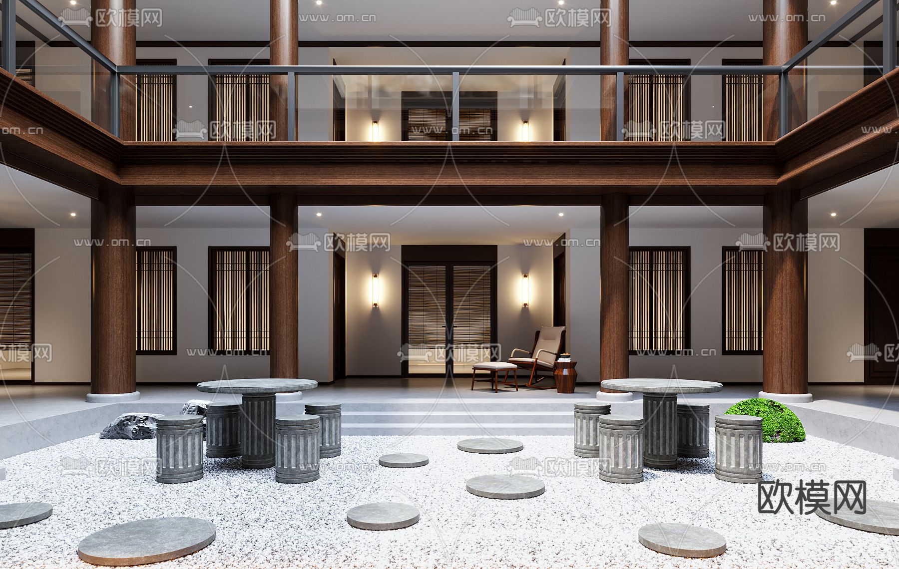 中式会所中庭 内庭3d模型下载（渲染图3）