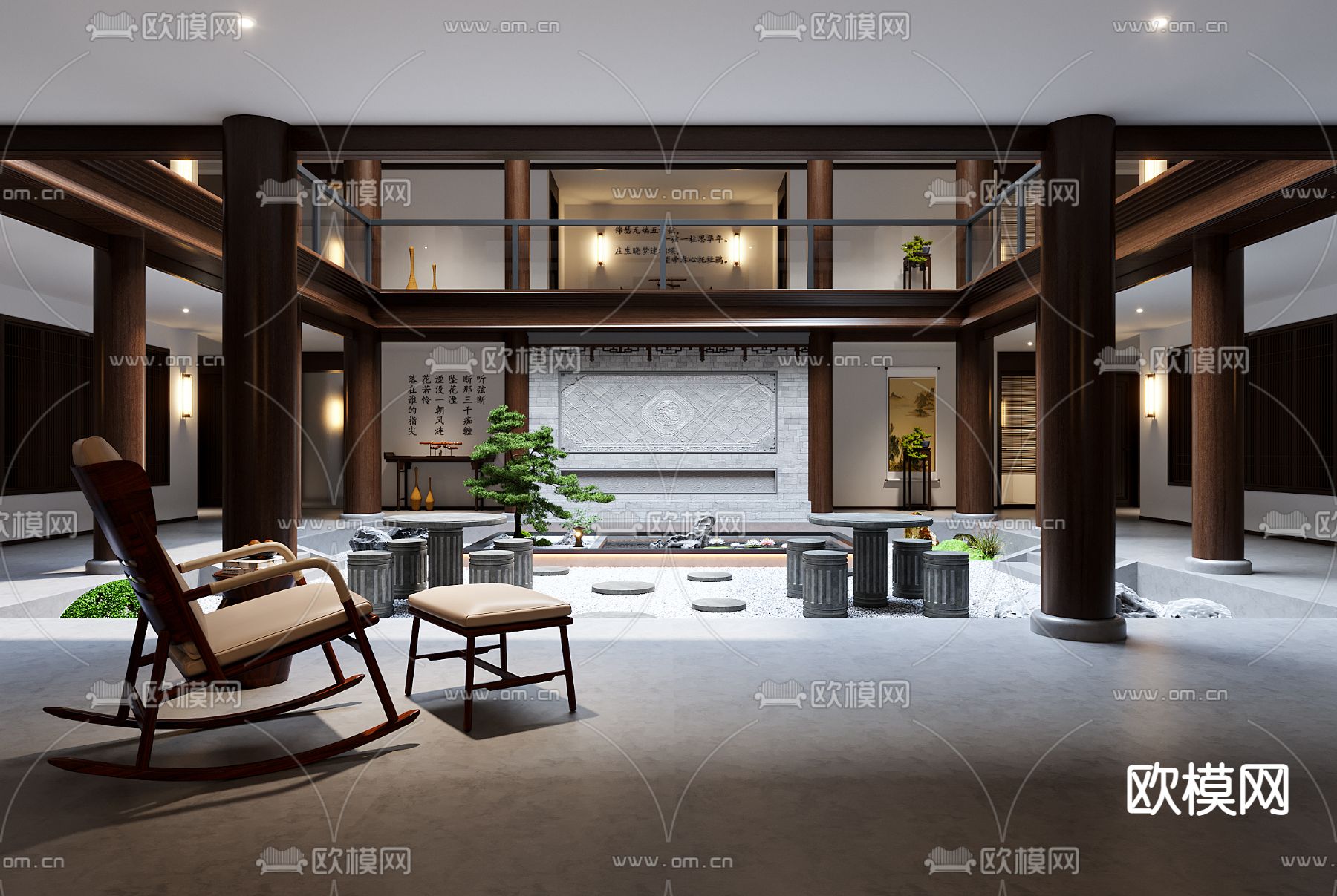 中式会所中庭 内庭3d模型下载（渲染图1）