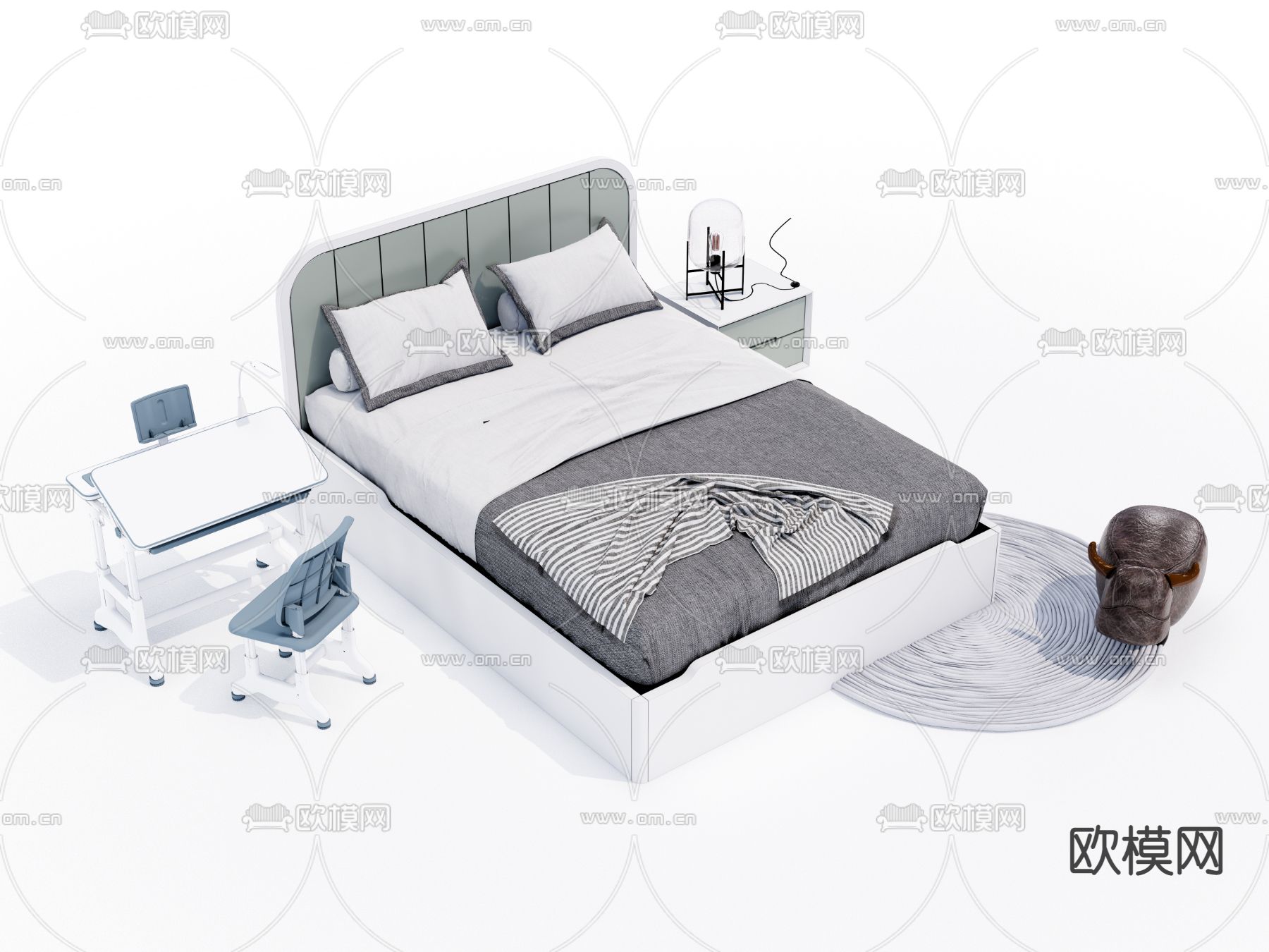 现代布艺双人床su模型下载（渲染图1）