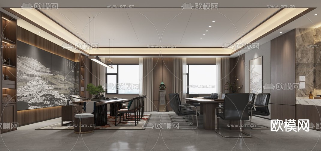 新中式董事长办公室3d模型下载_ID12307421_3dmax免费模型-欧模网
