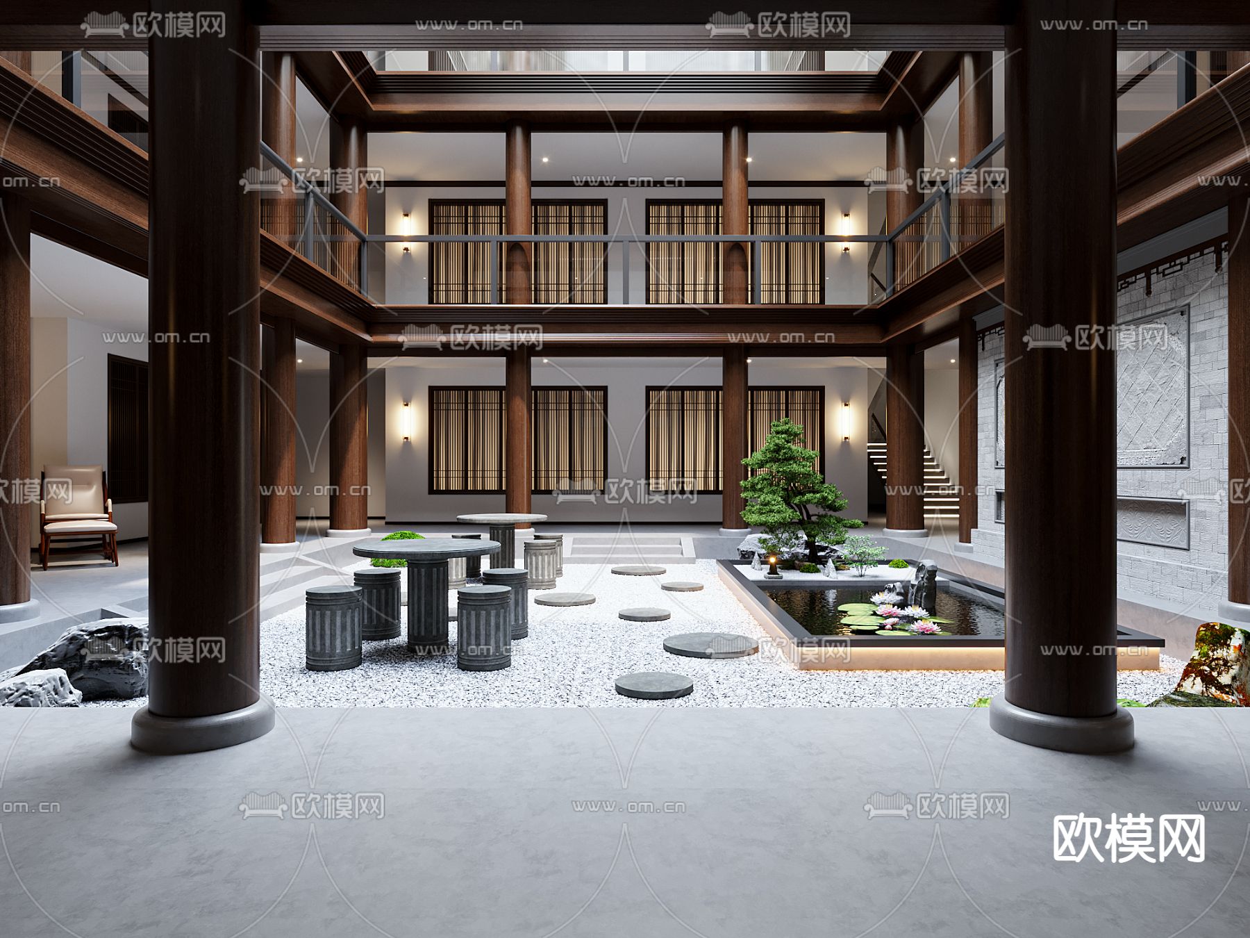 中式会所中庭 内庭3d模型下载（渲染图2）