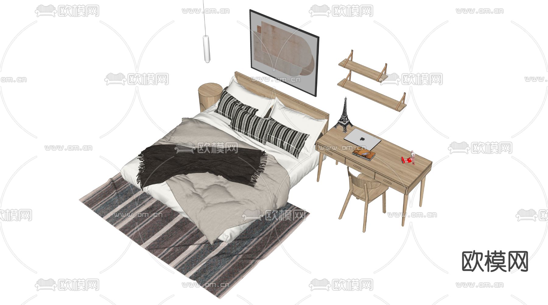 北欧实木双人床su模型下载（渲染图2）