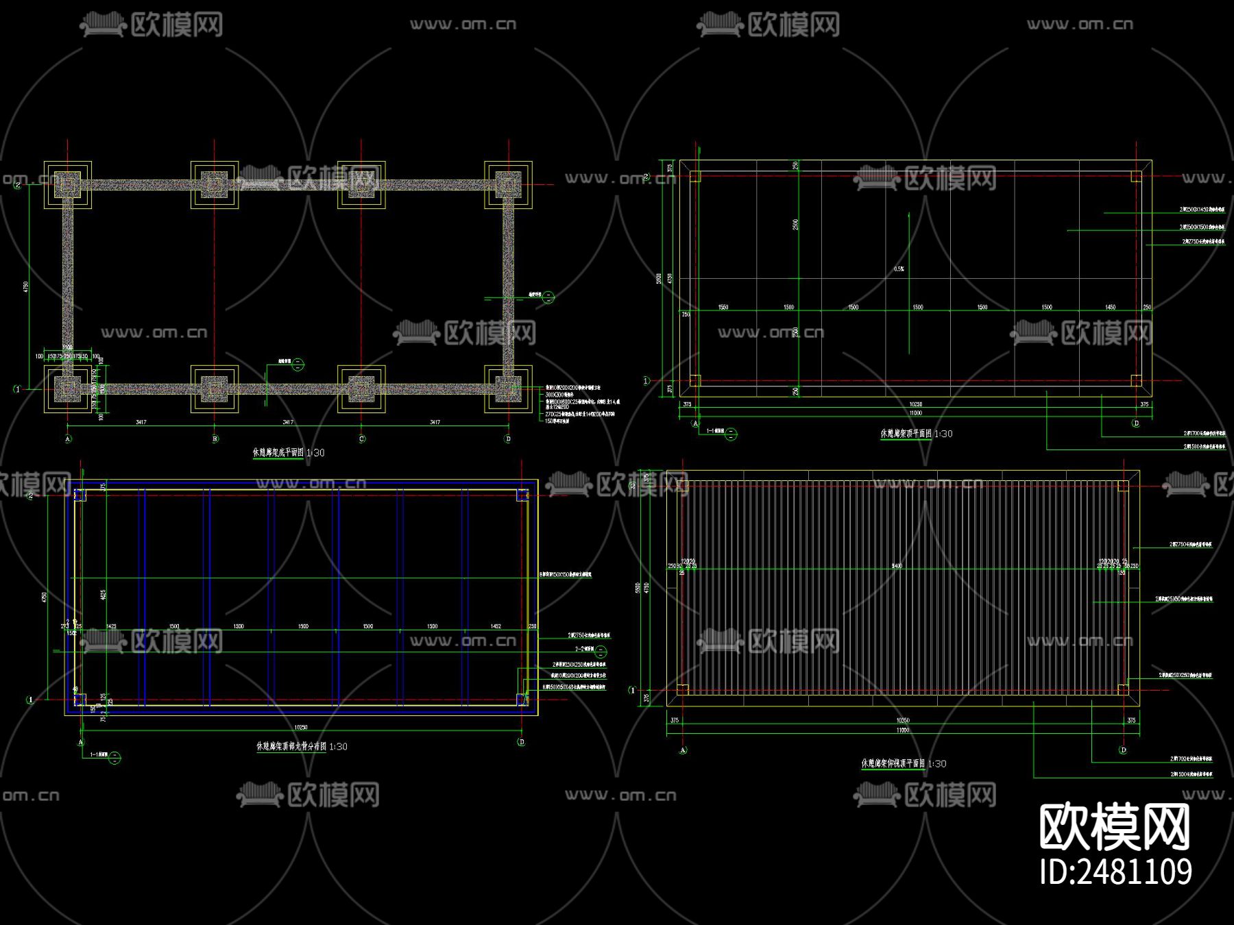 新中式四面钢化玻璃围合廊架CAD施工图下载（渲染图3）