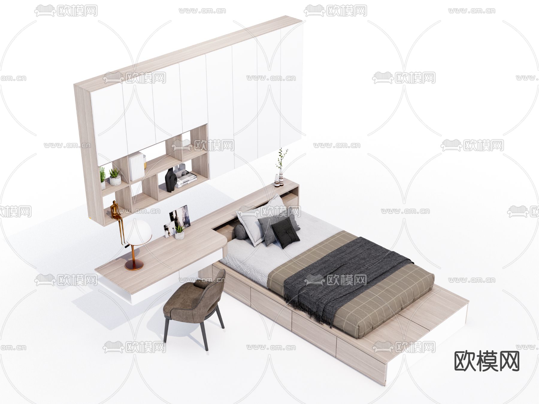 现代榻榻米单人床su模型下载（渲染图1）
