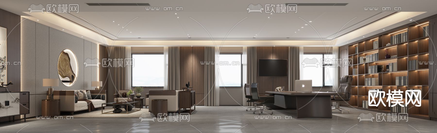 新中式董事长办公室3d模型下载_ID12307421_3dmax免费模型-欧模网