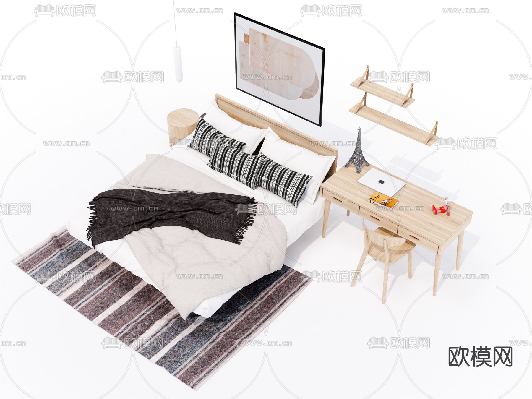 北欧实木双人床su模型下载（渲染图1）