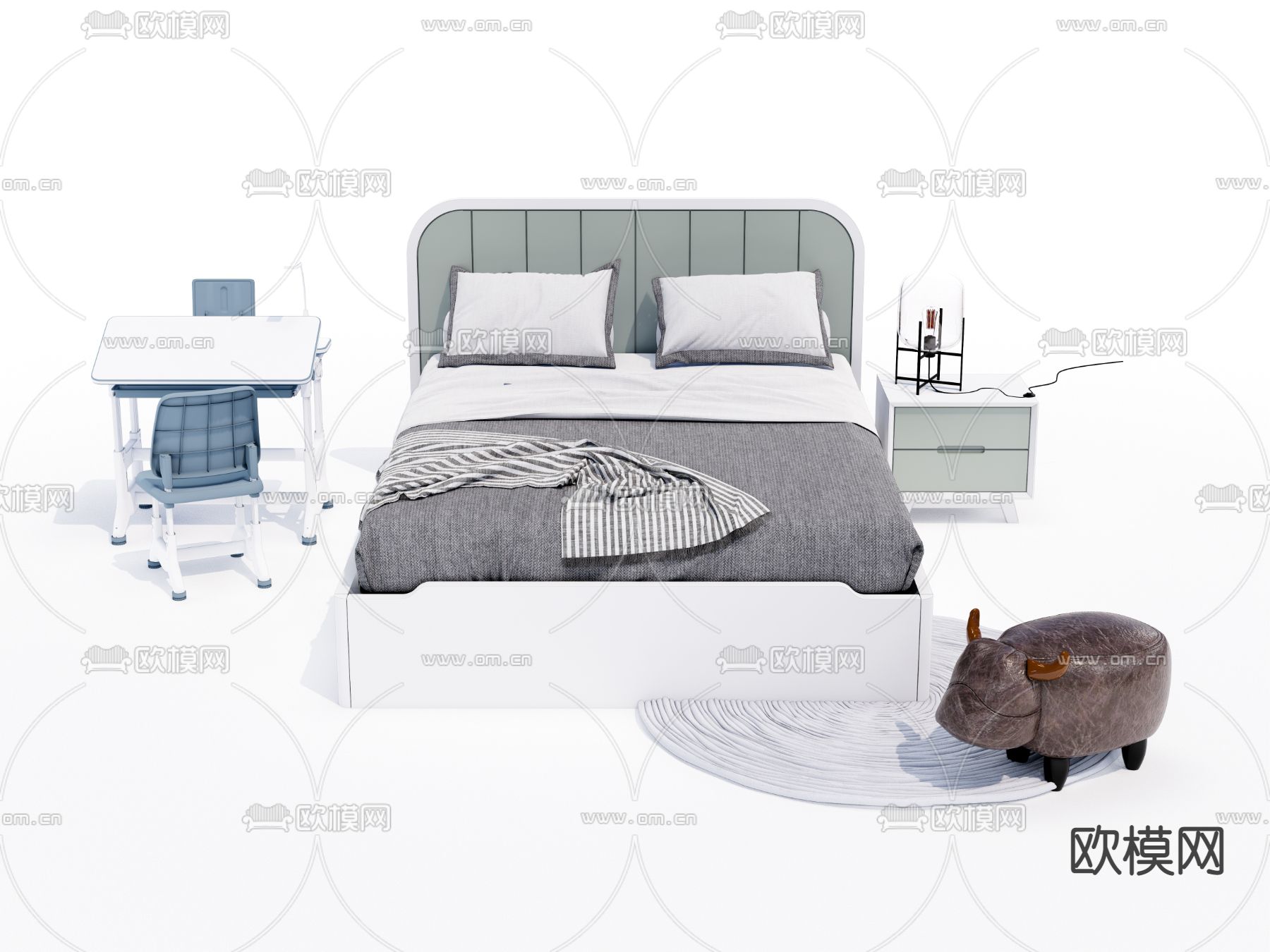 现代布艺双人床su模型下载（渲染图2）
