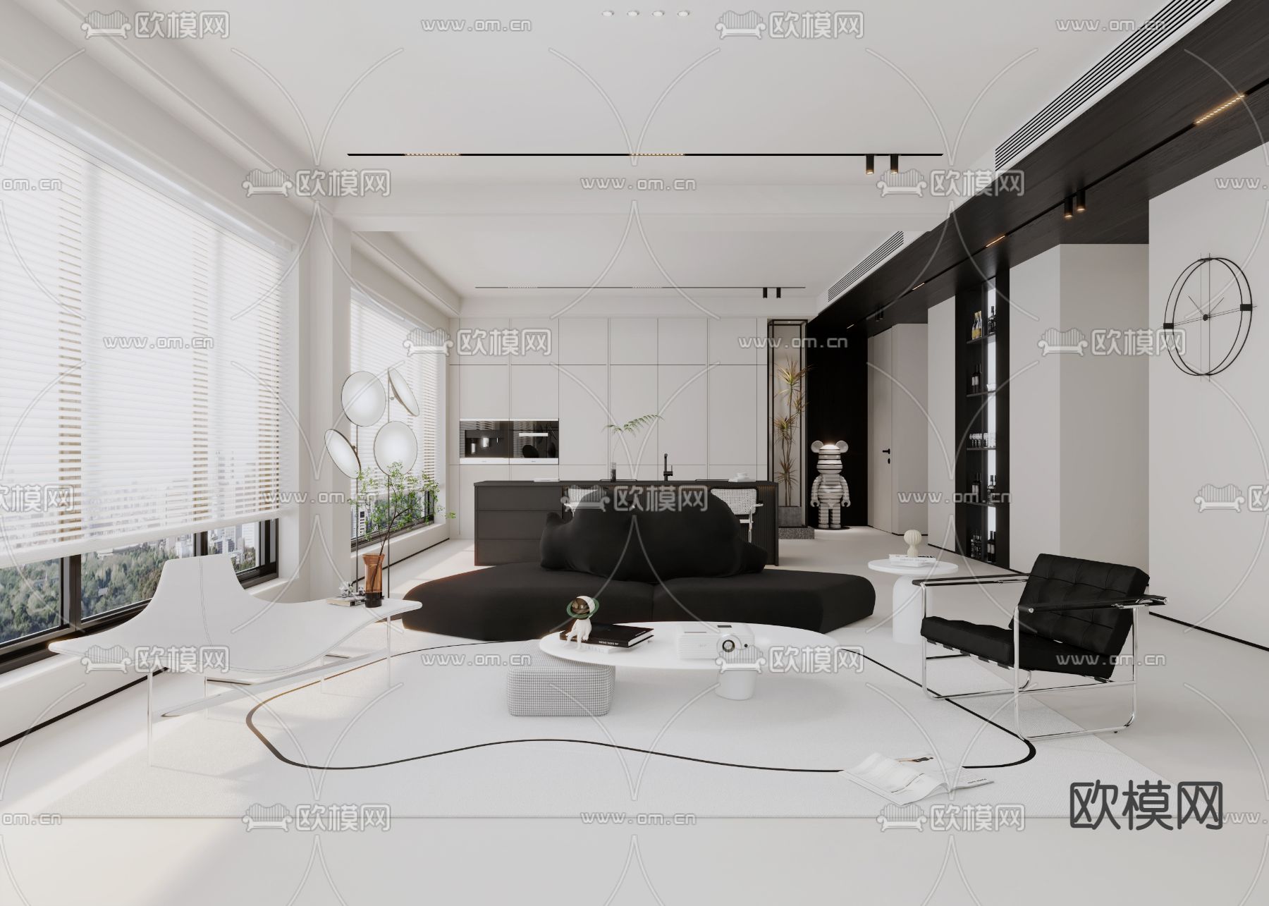 黑白风客餐厅3d模型下载_ID12308288_3dmax免费模型-欧模网