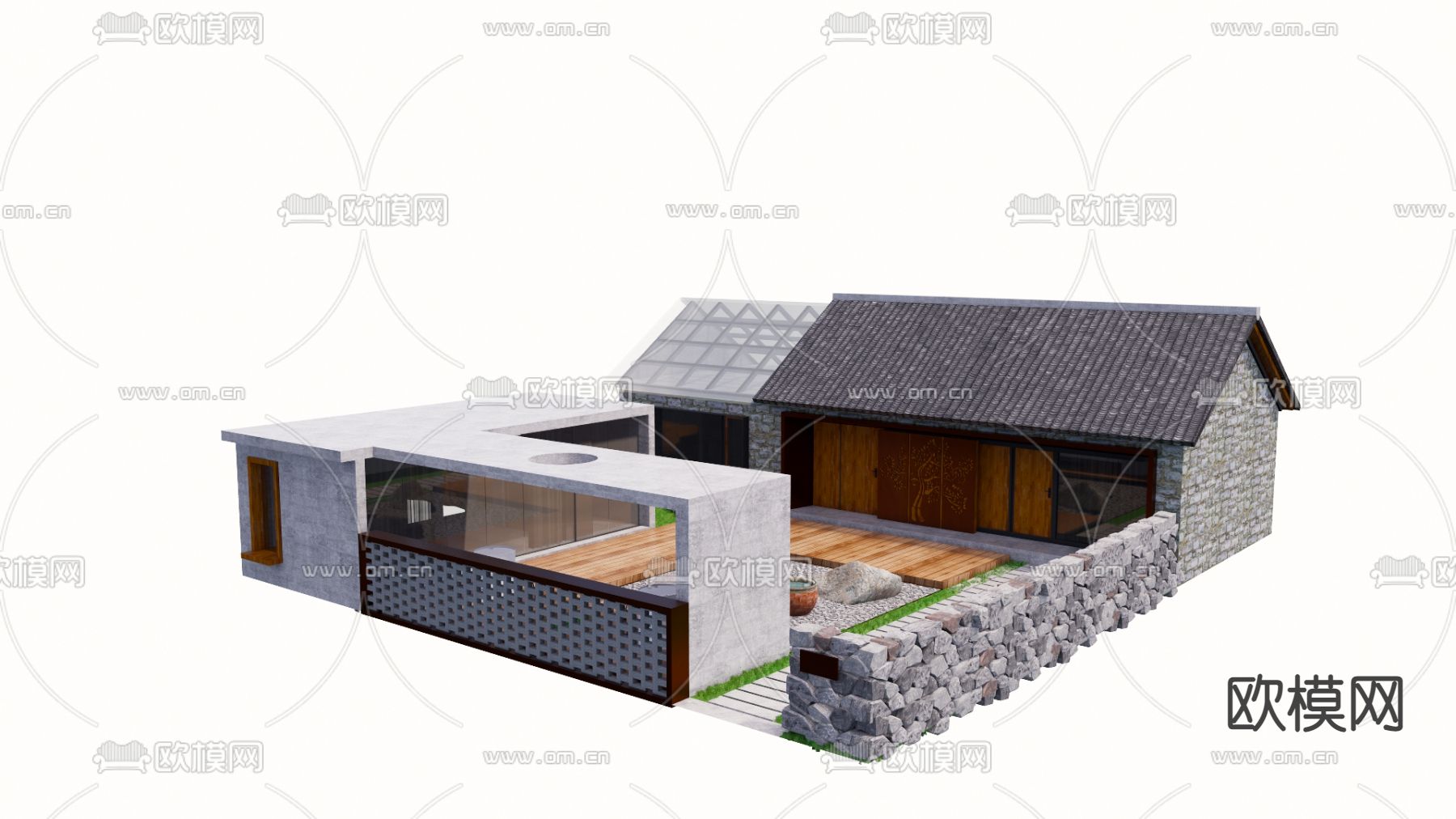 侘寂风农家小院外观su模型下载（渲染图1）