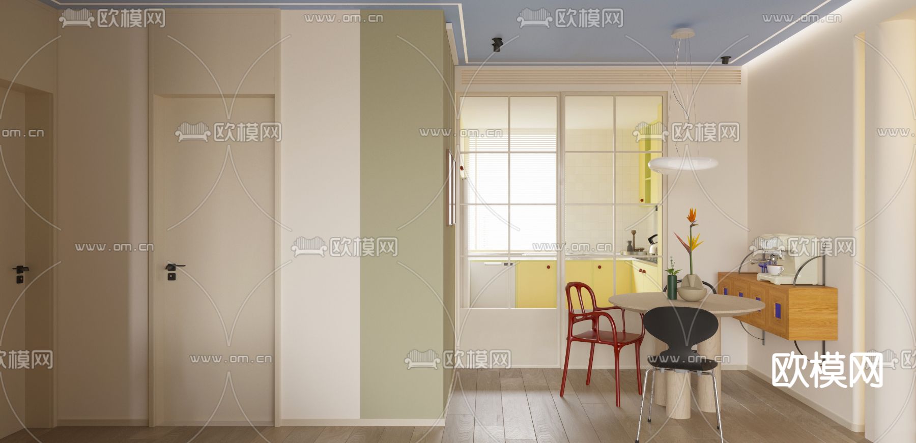 奶油风客餐厅3d模型下载（渲染图2）