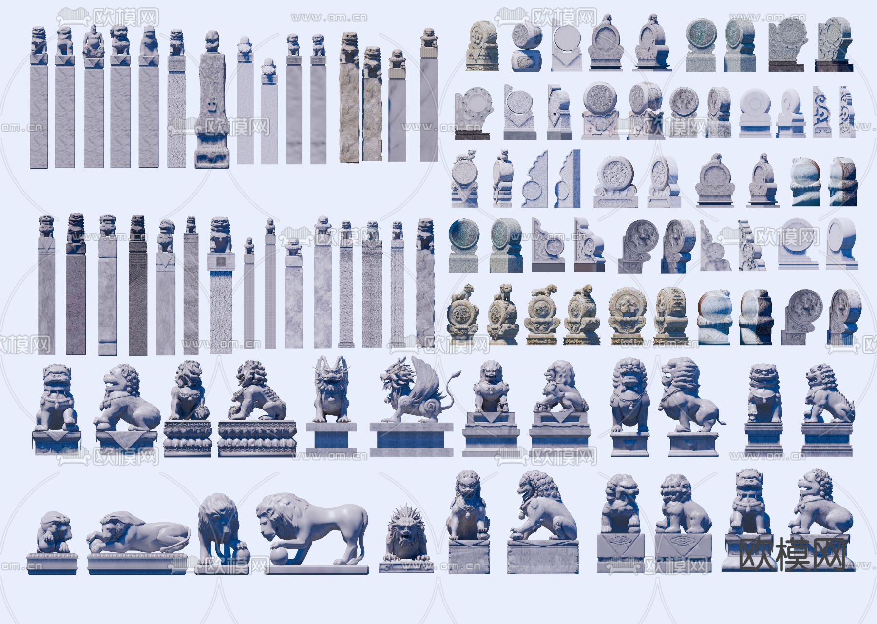 中式石狮雕塑 抱鼓石 拴马柱su模型下载（渲染图1）