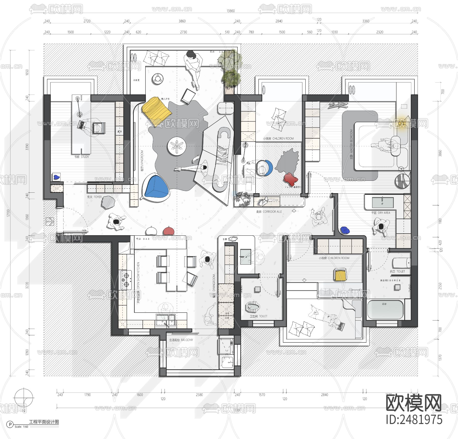 120平家装户型cad施工图下载