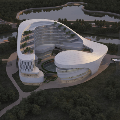  现代异形度假酒店鸟瞰su模型 