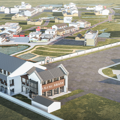  新中式乡村建筑群 鸟瞰规划su模型 